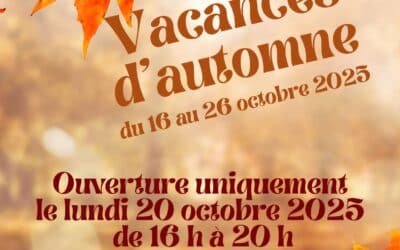 Bibliothèque – Ouverture durant les vacances d’automne (16 au 26 octobre 2025) : uniquement le lundi 20 octobre de 16h00 à 20h00. Bel automne à tous !
